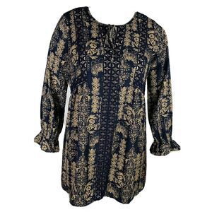 New Skies Are Blue Womans Large Dress Floral Lace Long Sleeve Blue Tan NWT